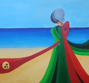 Ilustración artística de una mujer sentada en actitud melancólica, imagen del artículo "Ana y la Muerte" en el blog literario de Editorial Aquitania sobre narrativa íntima y duelo