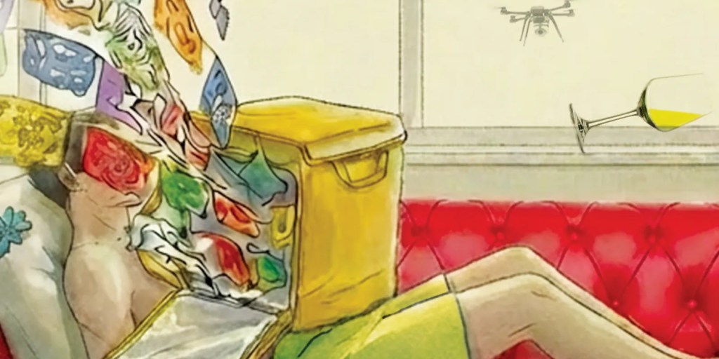 Ilustración a color de un hombre recostado con lentes rojos junto a una caja amarilla de la que brotan papeles de colores; al fondo, un sillón rojo capitonado, un dron y una copa de vino que vuela por el aire.